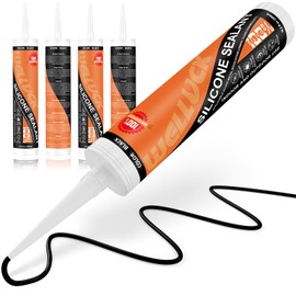 WELLUCK Black Silicone Caulk, 100% Waterproof Silicone Sealant Adhesive Caulking,for RV, Kitchen,Bathroom, Window, Door, Glass, Auto Leak Sealing 10.2FL.OZ/300ML（4 Pack）