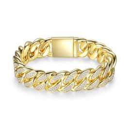 Gemsme Cuban Link Bracelet for Men Women 18K Yellow Gold Plated Iced Out Miami Cuban Chains Full Cubic Zirconia Bling Hip Hop Punk Size 8inch