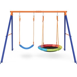 Amictoy Swing Set for Backyard with Stand - Heavy Duty 440lbs Metal A-Frame Outdoor Playset with 32" Saucer Swing & 26.2" Seats