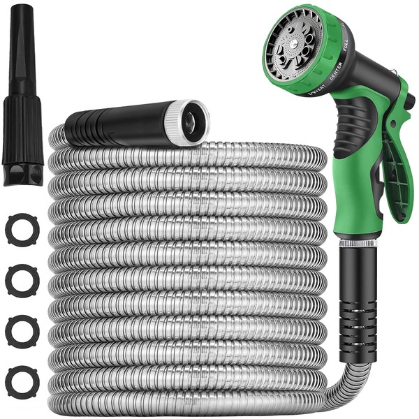 100 ft Metal Garden Hose -Heavy Duty 304 Stainless Steel Water Hoses with 2 Sprayer Nozzles &3/4'' Fittings,Flexible, Lightweight,No Kink&Tangle,Puncture Proof pipe for Yard, Outdoors, Rv