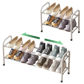 kiplant White Shoe Rack, 2-Tier Shoe Rack for Closet, Expandable Metal Shoe Organizer for Closet, Adjustable Shoe Shelf Storage Organizer, Standing Shoe Rack for Entryway Closet Doorway