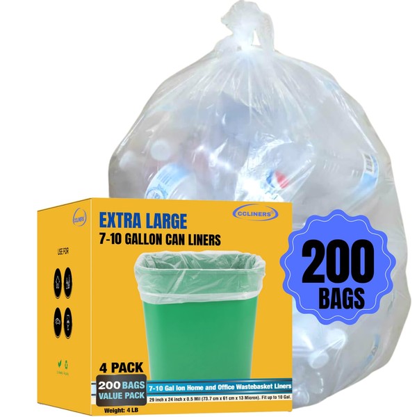 7-10 Gallon Clear Garbage Bags Medium Kitchen Trash Bags Large Plastic Wastebasket Trash Can Liners for Home and Office Bins, 200 Count (Fits 7 Gallon, 8 Gallon, 9 Gallon and 10 Gallon Bins)