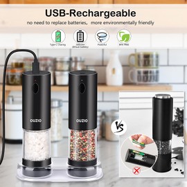 Rechargeable Electric Salt and Pepper Grinder Set with Storage Base, Automatic Mill Grinder Set Adjustable Coarseness Rechargeable Battery Power Spices Shaker for Kitchen Restaurant Picnic Pack of 2