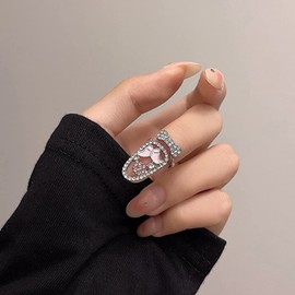 Rumtock Pink Butterfly Rhinestones Beads Silver Fingertip Ring Adjustable Opening Ring Manicure Nail Cap Jewelry for Women Girls