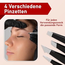NEUMANN® Tweezers Set (Stainless Steel) for Removing Eyebrows and Hair - Oblique Tweezers, Pointed Tweezers & More - Includes Storage Box [Red]