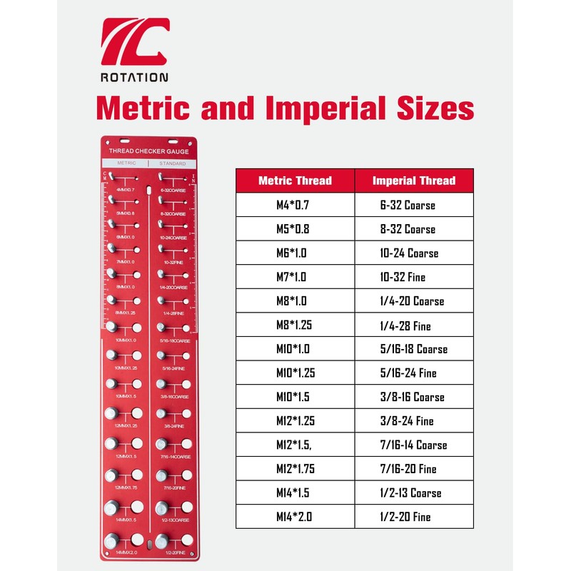 ROTATION Thread Checker, Nut and Bolt Gauge, Bolt Size and
