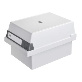 HAN 967-11, Card filing box A7 landscape. Innovative, attractive design holds 800 cards, readjustable lid supplied with large inscription label, light-grey