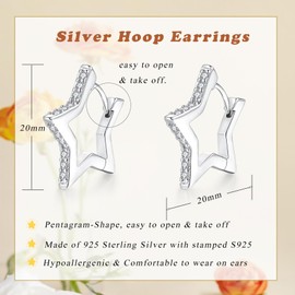 Loutade Silver Hoop Earrings for Women, Sterling Silver Star Hoop Earrings, Hypoallergenic Small Sleeper Huggie Silver Star-Shape Hoop Earrings, CZ Simple Cartilage Silver Star Earrings for Girls