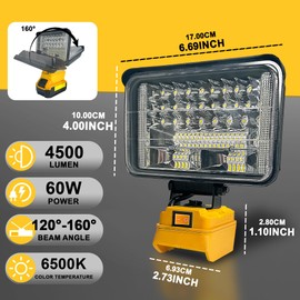 Cordless LED Work Light for 20V Battery, 60W 4500ML LED Wide Beam Flood Light with USB and Type C Charging Port Light for Emergency, Workshop, Garage.(No Battery) (60 Kilowatt Hours)