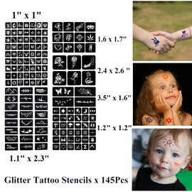 QSTOHENA Pack of 12 Henna Temporary Tattoo Stencil Kit - 145Pcs Glitter Airbrush Tattoo Sticker Indian Arabian Black Henna Tattoo Temp for Women Kids