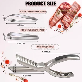 2Pcs Rib Membrane Removal Tools, Rib Prep Tool, Stainless Steel BBQ Rib Skinner with 2Pcs Tweezers Pliers and Gloves, for Easy Rib Skinner, Kitchen Gadgets for Barbecue Enthusiasts & Chefs