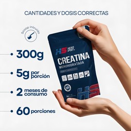 HS HERO SPORT Creatina Monohidratada Micronizada de Alta Pureza 300g Pre Entreno en Polvo. 5g de Creatina por Porción, 100% Pura, 100% Natural, 0 Azúcar, Sin Sabor, Sin Olor, Bottle Free, Incluye Cuchara Medidora.