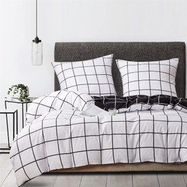 Boqingzhu Bed Linen 135 x 200 cm Black White Black White Check Country House Reversible Bedding Set Microfiber Duvet Cover and Pillowcase 80 x 80 cm with Zip
