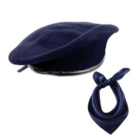 ZARSIO British US Military Berets with 35" Square Silk Like Head Scarf, Army Beret French Beret for Men and Women (US, Alpha, Large, Navy Blue)