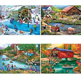 Bits and Pieces - 1000 Piece Jigsaw Puzzle for Adults - River Escapades 4-in-1 Multi-Pack Set - 1000 pc Country Water Scene Jigsaw by Artist Mary Thompson