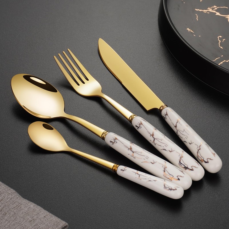 SensiSel 16 Piece Ceramic White Handles and Golden Plated Stainless