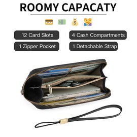 GOIACII Women's Large Vintage Leather Wallet RFID Protection Purse Women with 12 Card Slots, black