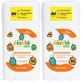 DIADIE KIDS, Desodorante para Niños, Niñas, desodorante Natural, No tapa los poros, Barra, Elimina mal olor, 60g, 2 Pack