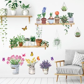 DECOWALL DSL-8055 Potted Plant Wall Sticker Green Leaves Wall Sticker Tropical Plants Wall Stickers Bedroom Living Room Kitchen Hallway Office Wall Decoration