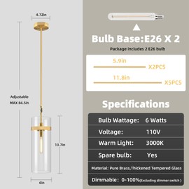 Modern Large Glass Kitchen Island Pendant Light,Black 13.7''' Brass Clear Adjustable Island Pendant Lights,1 Light Indoor Pendant Light, for Kitchen Dining Bathroom Bedroom,Included 2 Bulb