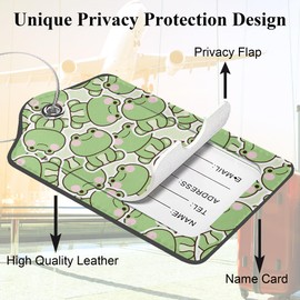 Cute Frog 2 Pack PU Leather Luggage Tags for Suitcase, Kawaii Frog in Sitting Pose Travel Tag with Privacy Flap, Name ID Label and Metal Loop for Women Men Baggage Bag