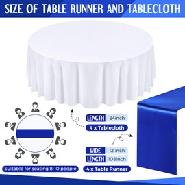 Tudomro 8 Pcs White and Royal Blue Round Plastic Tablecloth and Satin Table Runner Set 84 Inch Round Covers 12 x 108 Inch Table Runners for Wedding Birthday Party Baby Shower Anniversary