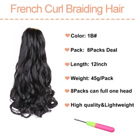 Mscat 12 Inch 8 Packs Pre Stretched French Curly Braiding Hair Loose Wave Bouncy Hair Extensions 1B#