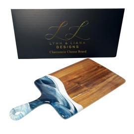 Lynn & Liana Medium Acacia Cheese Board | Wood Resin Cutting Board | Luxury Charcuterie Board for Serving | Handmade Cutting Board | 8 in x 16 in - Navy White Metallic