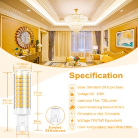 VYAOMLI Pack of 2 - G9 LED Light Bulbs Dimmable 7W Equivalent to G9 Halogen Bulb 75W-80W 730LM, G9 Bi-Pin Base Light Bulb AC 120V for Kitchen Chandelier Home Lighting (Warm White, 2 Pack)