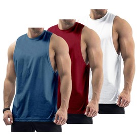 InleaderStyle 3 Pack Men's Workout Tank Tops Cotton Gym Muscle Sleeveless T-Shirts Bodybuilding Fitness Athletic Tank Tops - NVBU+WNRD+WT-L