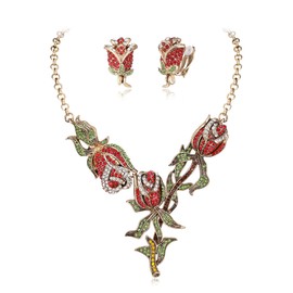 Clearine Gorgeous Jewellery Set for Women, Stunning Crystal Rose Flower Leaf Cluster Statement Necklace Dangle Drop Earrings Gifts for Party Prom Accessories Red Antique-Gold-Tone