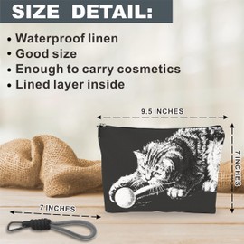 luixd Gothic Make Up Bag, Cosmetic Bag With Hand Strap - Hand Drawn Cat Playing - Lined Toiletry Bag - Travel Pouch, Black Organizer With Zipper, Women Essentials & Accessories - A15
