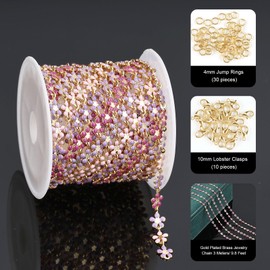 UMAOKANG 9.8 Feet Enamel Flower Chain for Jewelry Making 18K Gold Plated Brass Jewelry Chain Roll Pink Purple Oil Drip Floral Link Chain on Spool