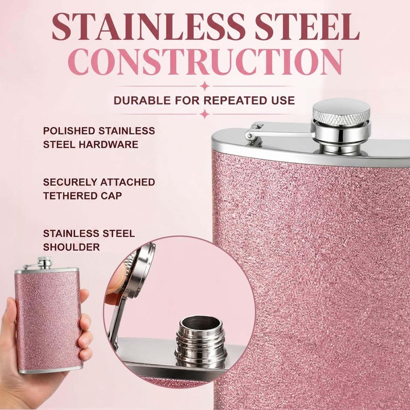 8 Oz Hip Flasks for Women Men, Pink Sparkling Portable