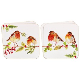 Set of 4 Coasters - Winter Robin Design