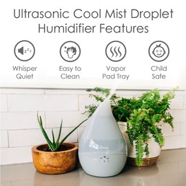 Crane Teardrop Ultrasonic Cool Mist Baby Humidifier for Nursery, Essential Oil Diffuser, Adjustable Settings, Auto Shut-Off, Grey, 0.5 Gallon