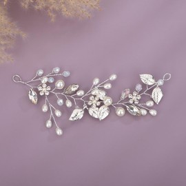 Teyglen Bridal Silver Leaf Hair Vine Small Cute Flower Crystal Headband for Bride Handmade Pearl Rhinestone Beads Hair Piece Hair Accessories for Women(Silver)