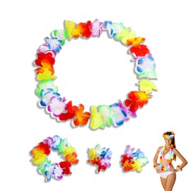 4 Pcs Hawaiian Style Lei Set,Hawaiian Flower Leis Necklace Headband Bracelets Wristband,Fancy-dress Party Accessories,Summer Beach Themed Tropical Party Decorations for Kid and Adult (Multi-colored)