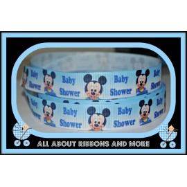 7/8 INCH MICKEY MOUSE BABY SHOWER ON WHITE GROSGRAIN RIBBON- 1 YARD