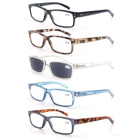 5-Pack Reading Glasses 4.0 Mens/Womens,Readers Comfort Spring Hinges,Sun Reader