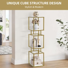 4-Tier Gold Bookshelf, Cube Shelving Unit, 12" x 12" x 50", Modern Display Shelf with Wooden Shelves, Slim Shelf for Small Spaces, Square Storage Bookcase for Living Room,Office & Bedroom