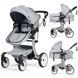 BABY JOY 2-in-1 High Landscape Baby Stroller, Reversible Bassinet Reclining Stroller, Foldable Push Chair w/Adjustable Canopy, Storage Bag, Foot Cover, Rain Cover & Net, Aluminum Alloy Frame (Gray)