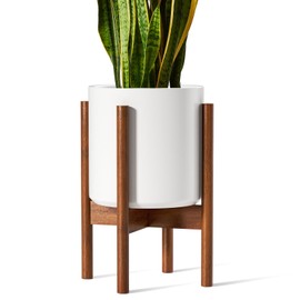 LE TAUCI 10 Inch Planter with Acacia Wood Stand, Ceramic Planter for Indoor Plants with Plant Holder, Mid-Century Modern Home Decor, Round Flower Pots with Drainage Hole, White