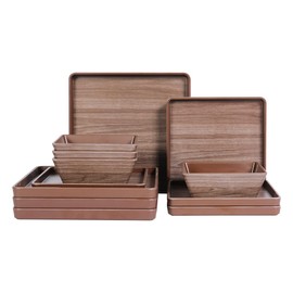 Lechoo Melamine Dinnerware Sets, Square Plates and Bowls Sets,12pcs Dish Sets for 4, Indoor and Outdoor Use,Brown Wooden Pattern