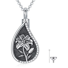 Lily Urn Necklace for Ashes 925 Sterling Silver May Birth Flower Teardrop Cremation Necklace for Ashes Keepsake Memorial Jewelry for Women