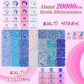 20000Pcs Blue Rhinestones for Bedazzling with 1Pcs B7000 Jewelry Glue, Resin Rhinestones for Crafting Crafts DIY, Bedazzler Kit Gems for Clothing Shoes Tumblers Nail Art Assorted Size 3/4/5/6mm