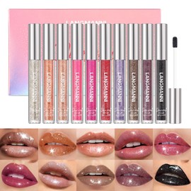 LANGMANNI LANGMANNI 10 Colors Diamond Glitter Lip Gloss Set,Long Lasting High Shine Shimmer Liquid Lipstick Set,Hydrating,Moisturizing Lip Gloss Kit Gift Makeup For Girls