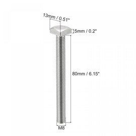 sourcing map Square Head Bolt, 5pcs M8x80mm Fully Thread 304 Stainless Steel Grade C Square Machine Screws