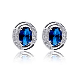Uloveido Created Blue Sapphire Stone Studs Earrings 925 Sterling Silver for Women Girls Anniversary Wedding Birthday Jewellery Earrings Studs with Blue Crystal LR007