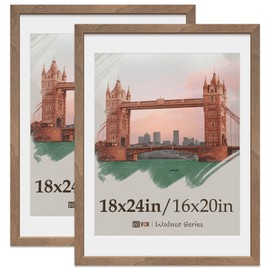 VCK 18x24 Poster Frame 2 Pack, Natural Wood Grain Brown Walnut, Display 16x20 Picture with Mat or 18x24 without Mat, Wall Hanging